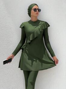 Swim Mulvari Summer Beach Ruffle Trim Full Cover Burkini Swimsuit With Swim Cap - Army Green - View 5