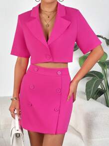 SHEIN Privé Lapel Neck Crop Blazer & Double Breasted Skirt - Hot Pink - View 1