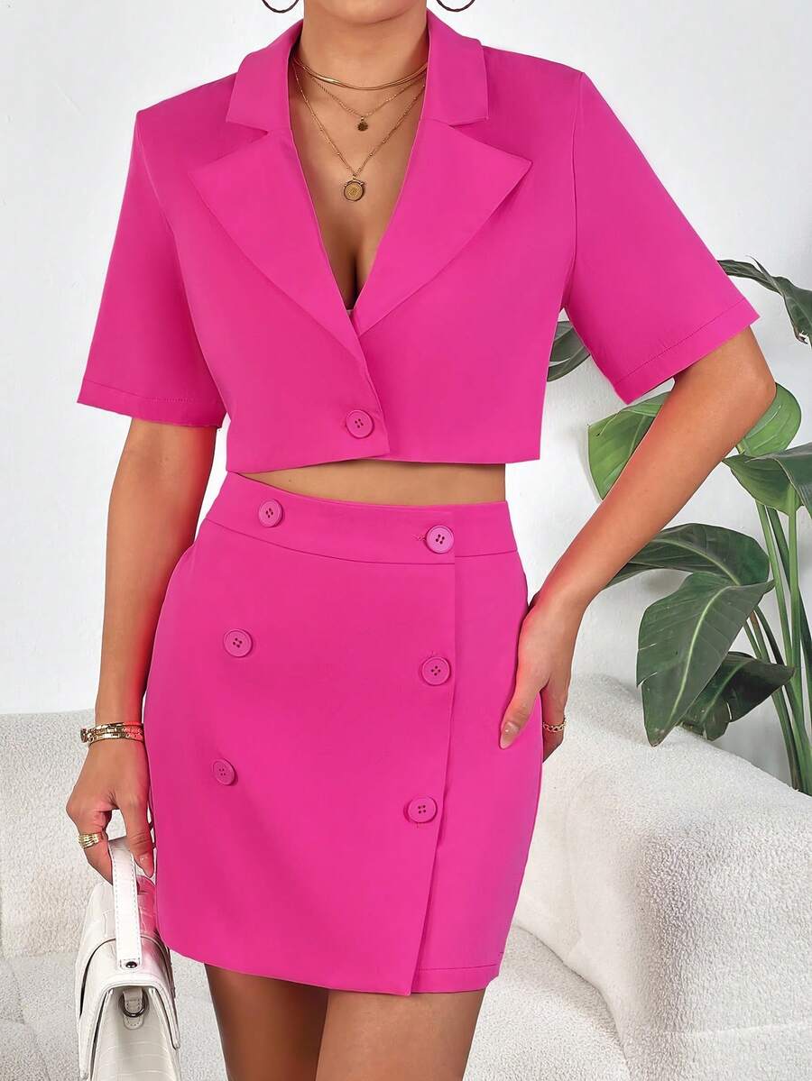 SHEIN Privé Lapel Neck Crop Blazer & Double Breasted Skirt - Hot Pink - View 1