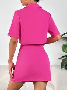 SHEIN Privé Lapel Neck Crop Blazer & Double Breasted Skirt - Hot Pink - View 2