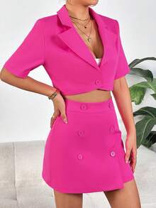 SHEIN Privé Lapel Neck Crop Blazer & Double Breasted Skirt - Hot Pink - View 5