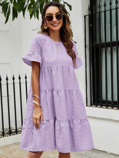 SHEIN LUNE Flare Sleeve Ruffle Hem Smock Dress