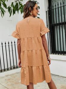 SHEIN VCAY 喇叭袖荷葉邊娃娃裙 - 橘色 - 查看 2
