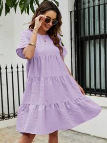 SHEIN LUNE Flare Sleeve Ruffle Hem Smock Dress - Mauve Purple - View 4