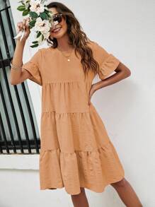 SHEIN VCAY 喇叭袖荷葉邊娃娃裙 - 橘色 - 查看 3