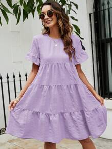 SHEIN LUNE Flare Sleeve Ruffle Hem Smock Dress - Mauve Purple - View 5