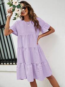 SHEIN LUNE Flare Sleeve Ruffle Hem Smock Dress - Mauve Purple - View 6