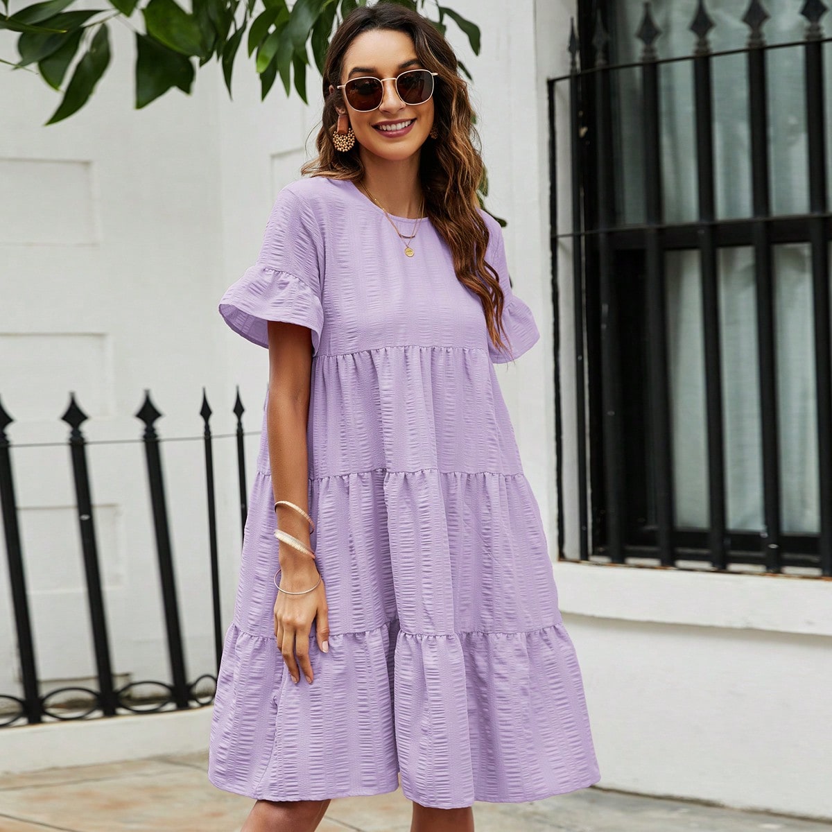 Flare Sleeve Ruffle Hem Smock Dress