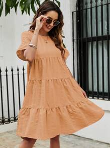 SHEIN VCAY 喇叭袖荷葉邊娃娃裙 - 橘色 - 查看 6