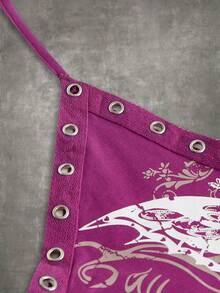 ROMWE PUNK Skull & Butterfly Print Halter Top - Purple - View 3