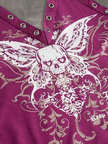 ROMWE PUNK Skull & Butterfly Print Halter Top - Purple - View 4