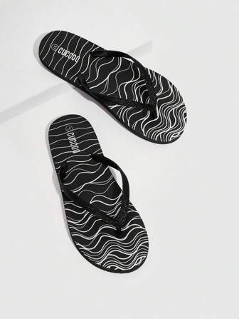 Woman Shoes Wave Pattern Toe Post Slippers, Fashionable Black PVC Flip Flops For Summer For Summer Vacation Shoes Summer Back To School Shoes College Student Shoes Spring Shoes Spring Break Easter For Casual Beach Style