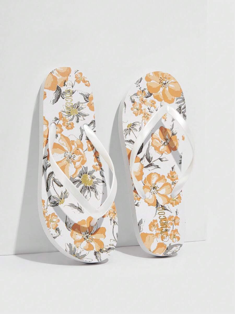 Grefit 女鞋花卉圖案人字拖室內時尚白色PVC夾腳拖鞋，夏季度假鞋，夏季促銷 - 白色 - 查看 1
