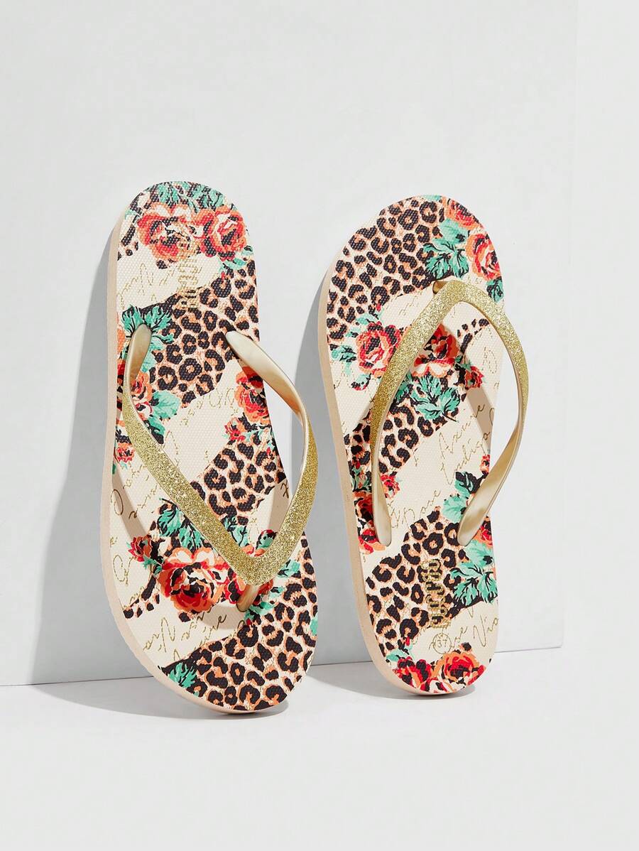 Women Leopard & Floral Pattern Glitter Detail Toe Post Slippers, Fashionable PVC Flip Flops For Summer - Beige - View 1
