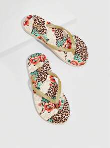 Women Leopard & Floral Pattern Glitter Detail Toe Post Slippers, Fashionable PVC Flip Flops For Summer - Beige - View 4