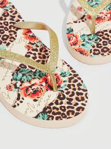 Women Leopard & Floral Pattern Glitter Detail Toe Post Slippers, Fashionable PVC Flip Flops For Summer - Beige - View 5