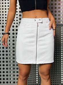 SHEIN ICON 拉鏈開襟直筒牛仔短裙 - 白色 - 查看 3