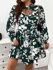 SHEIN Unity 大碼印花繫帶領荷葉袖荷葉邊連衣裙 - 彩色 - 查看 7