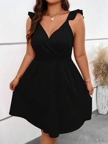 SHEIN Clasi Đầm Plus Size Xù Trọn gói Dải chun màu trơn Giải trí - màu đen - Xem 5