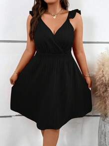 SHEIN Clasi Đầm Plus Size Xù Trọn gói Dải chun màu trơn Giải trí - màu đen - Xem 6