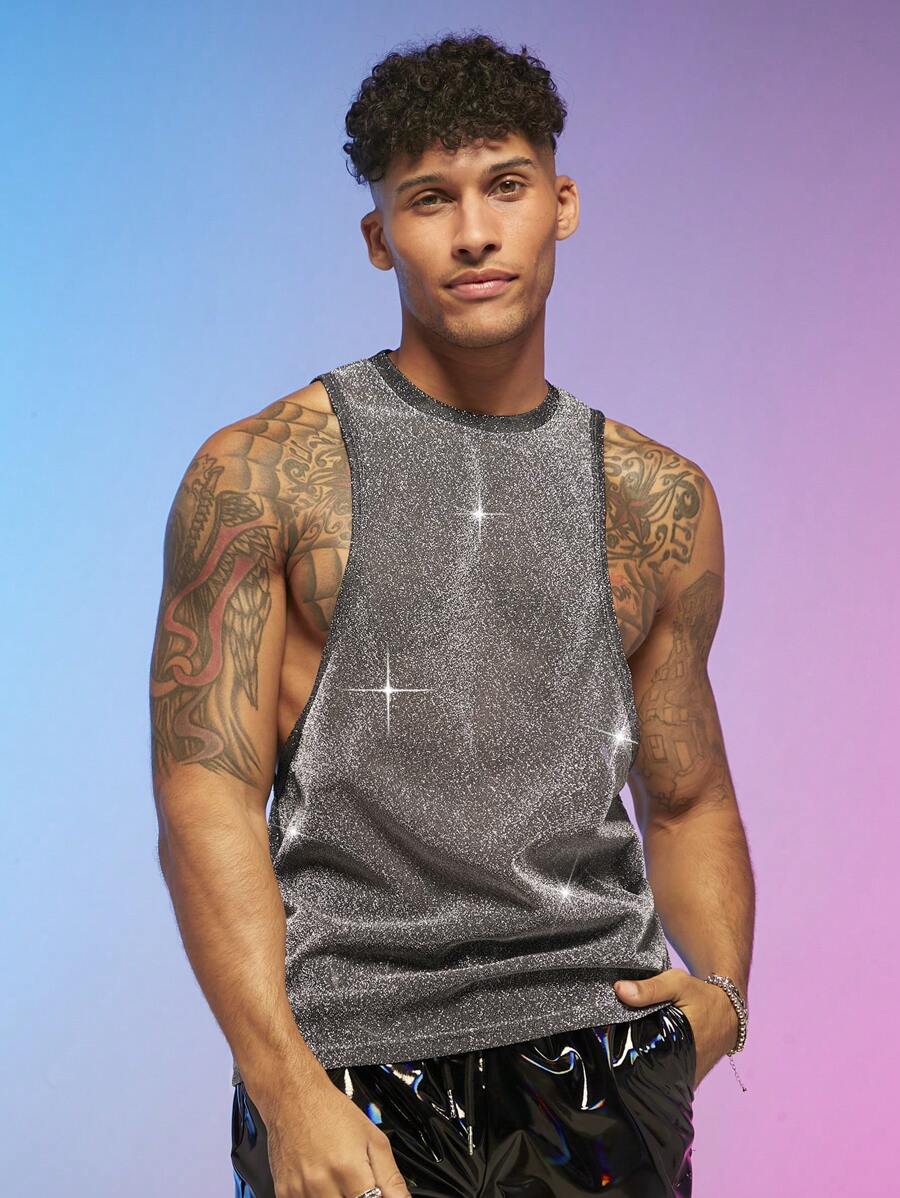 FeverCity Men Glitter Tank Top - Silver - View 1