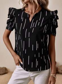 SHEIN LUNE 條紋印花荷葉邊缺口領襯衫 - 黑色 - 查看 5