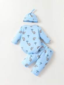 SHEIN Baby Cartoon Graphic Bodysuit & Trousers & Hat - Blue - View 2