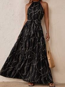 SHEIN LUNE Allover Print Belted Halter Dress Maxi Women Outfit - Black - View 1