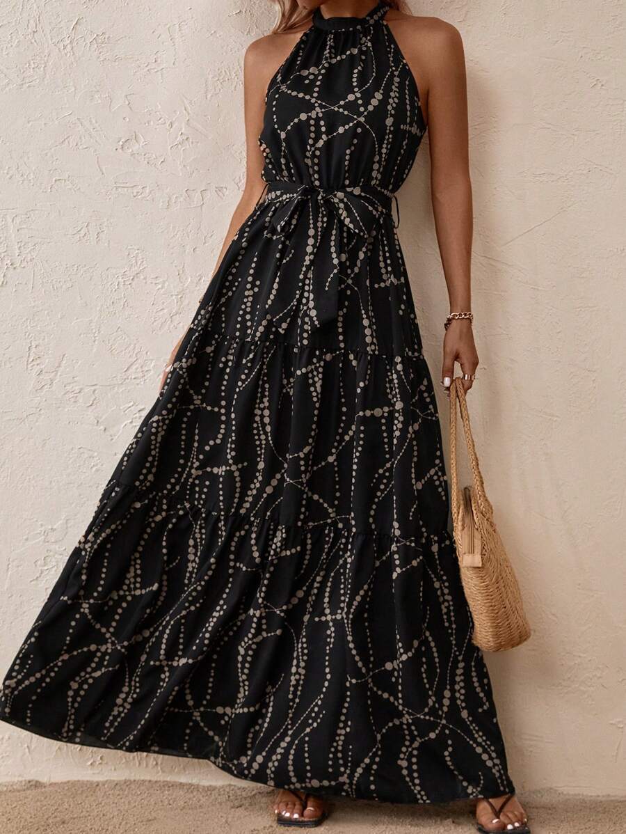 SHEIN LUNE Allover Print Belted Halter Dress Maxi Women Outfit - Black - View 1