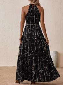 SHEIN LUNE Allover Print Belted Halter Dress Maxi Women Outfit - Black - View 2