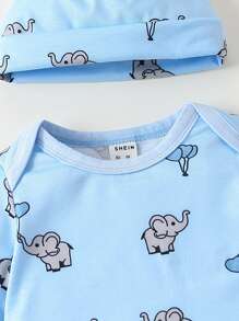 SHEIN Baby Cartoon Graphic Bodysuit & Trousers & Hat - Blue - View 4