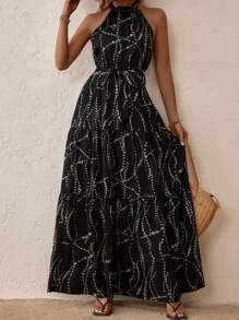 SHEIN LUNE Allover Print Belted Halter Dress Maxi Women Outfit - Black - View 4