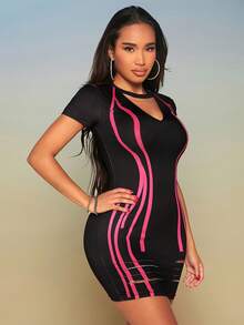 SHEIN SXY Striped Print Cut Out Front Bodycon Dress - Multicolor - View 5