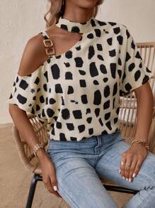 SHEIN LUNE 滿版印花不對稱領蝙蝠袖鏈條細節襯衫 - 彩色 - 查看 3