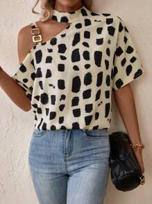 SHEIN LUNE 滿版印花不對稱領蝙蝠袖鏈條細節襯衫 - 彩色 - 查看 4