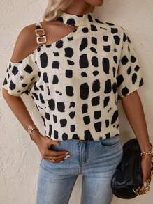 SHEIN LUNE 滿版印花不對稱領蝙蝠袖鏈條細節襯衫 - 彩色 - 查看 1