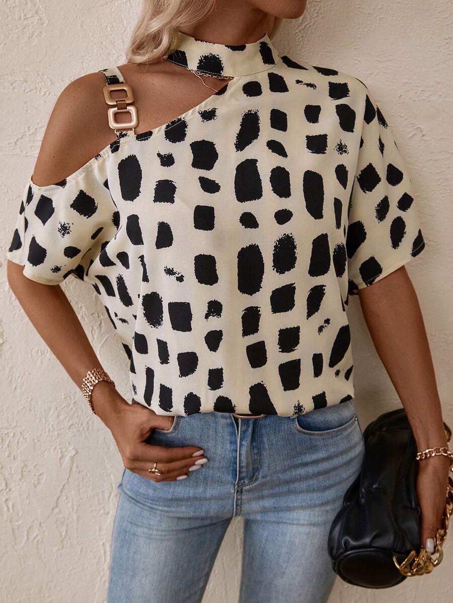 SHEIN LUNE 滿版印花不對稱領蝙蝠袖鏈條細節襯衫 - 彩色 - 查看 1