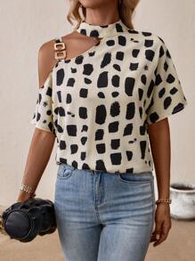 SHEIN LUNE 滿版印花不對稱領蝙蝠袖鏈條細節襯衫 - 彩色 - 查看 5