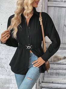 SHEIN Clasi Áo sơ mi nữ Nút phía trước màu trơn Giải trí - màu đen - Xem 1