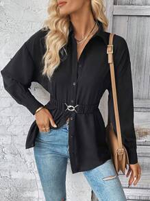 SHEIN Clasi Áo sơ mi nữ Nút phía trước màu trơn Giải trí - màu đen - Xem 6