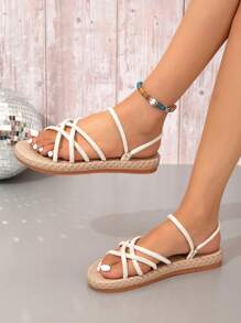 女式交叉繫帶露跟涼鞋，織物度假涼鞋 - 米色 - 查看 1