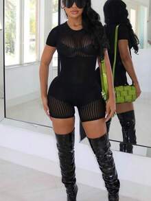 Striped Mesh Insert Unitard Romper Without Lingerie - Black - View 3