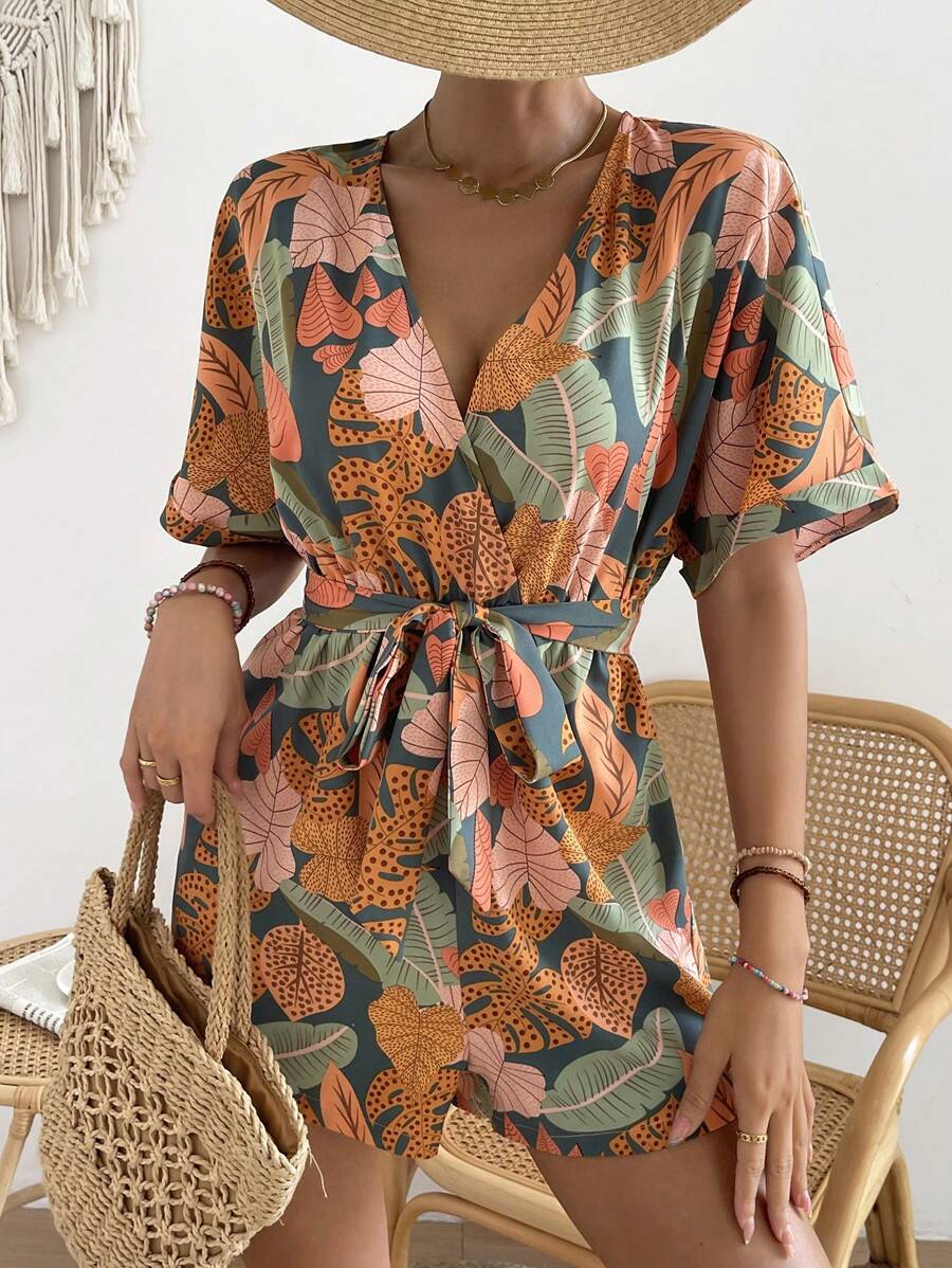 Breezaya Tropical Print Batwing Sleeve Belted Romper - Multicolor - View 1