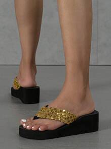 2025 时尚女式夏季新款带闪光坡跟人字凉鞋 - 金色 - 查看 4