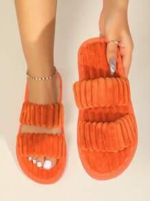 女式簡約毛絨臥室拖鞋，時尚室內家居拖鞋 - 橘色 - 查看 1