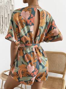 Breezaya Tropical Print Batwing Sleeve Belted Romper - Multicolor - View 2