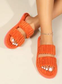 女式簡約毛絨臥室拖鞋，時尚室內家居拖鞋 - 橘色 - 查看 2