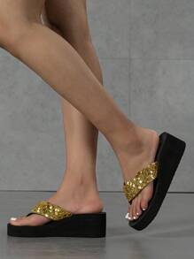 2025 时尚女式夏季新款带闪光坡跟人字凉鞋 - 金色 - 查看 6