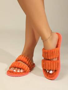 女式簡約毛絨臥室拖鞋，時尚室內家居拖鞋 - 橘色 - 查看 3