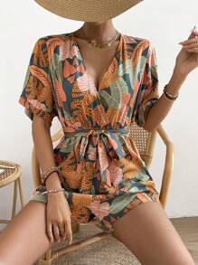Breezaya Tropical Print Batwing Sleeve Belted Romper - Multicolor - View 3